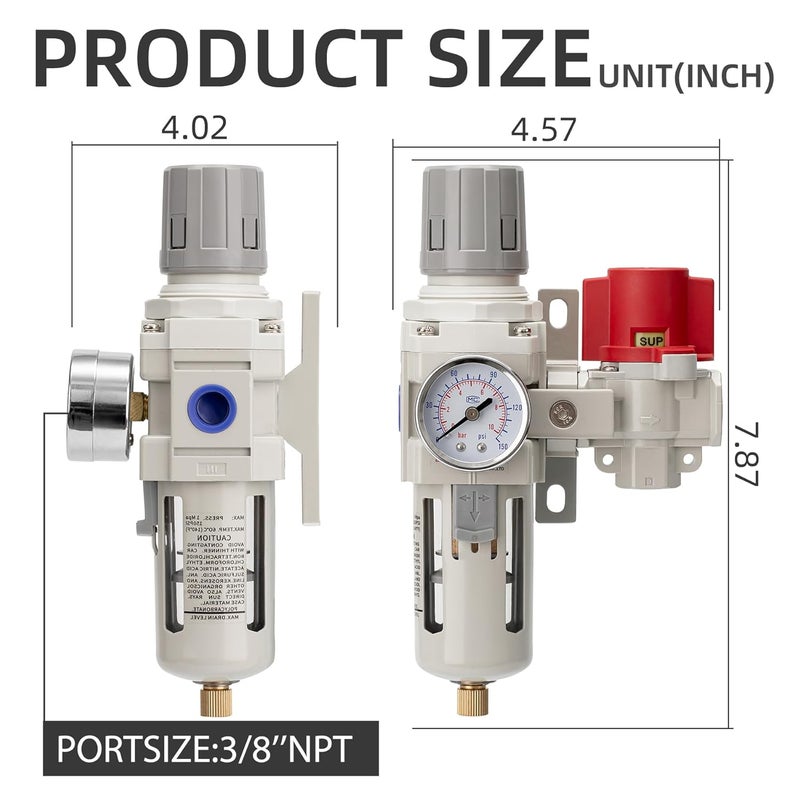 LNCHKA Industrial Air Compressor Filter Regulator Combo 3/8" NPT 0-150 PSI Gauge,Semi-Auto Drain,Pressure relief 3 port valve,5 Micron Water Separator for Pneumatic Tools - Image 3